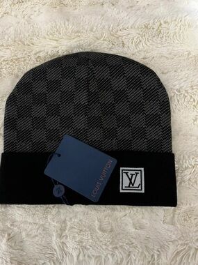 Louis Vuitton Black & Gray Checker Folded Cuff Beanie